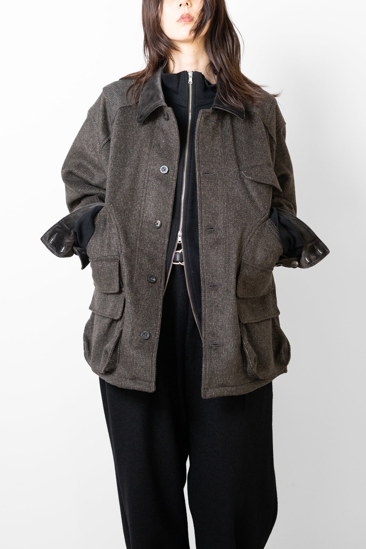 ANCELLM / SHRINK WOOL ZIP UP STAND BLOUSON "BLACK"