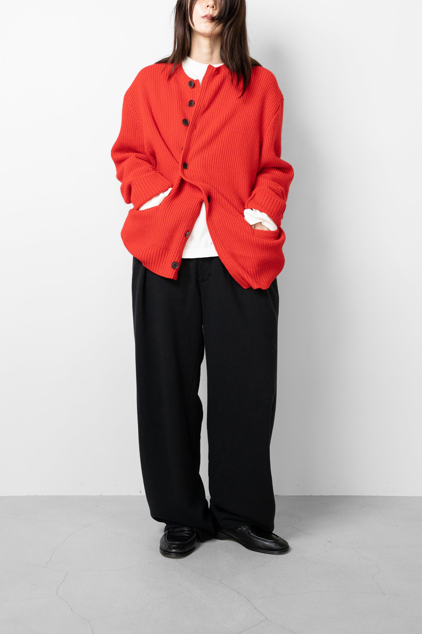 YOKE/ Sculptural Wired Crew Neck Cardigan "RED"