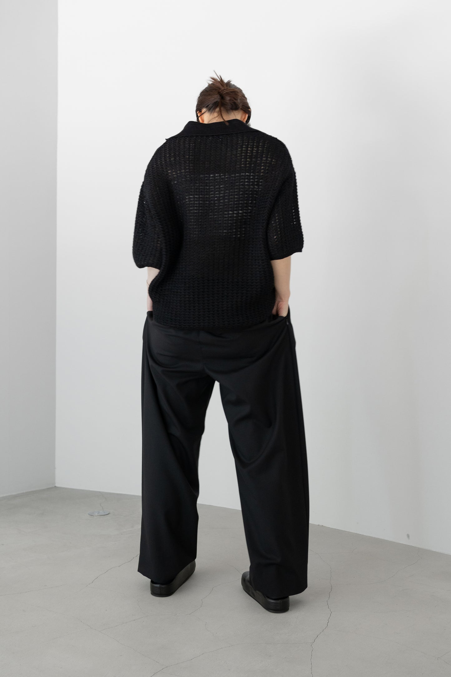 YOKE/ MESH KNIT SKIPPER POLO SHIRT "BLACK"