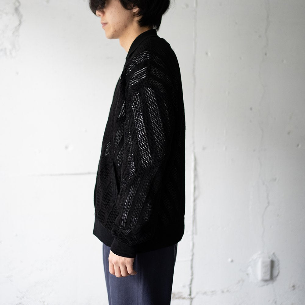 YOKE/ COTTON MESH STRIPE ZIP-UP CARDIGAN "BLACK"