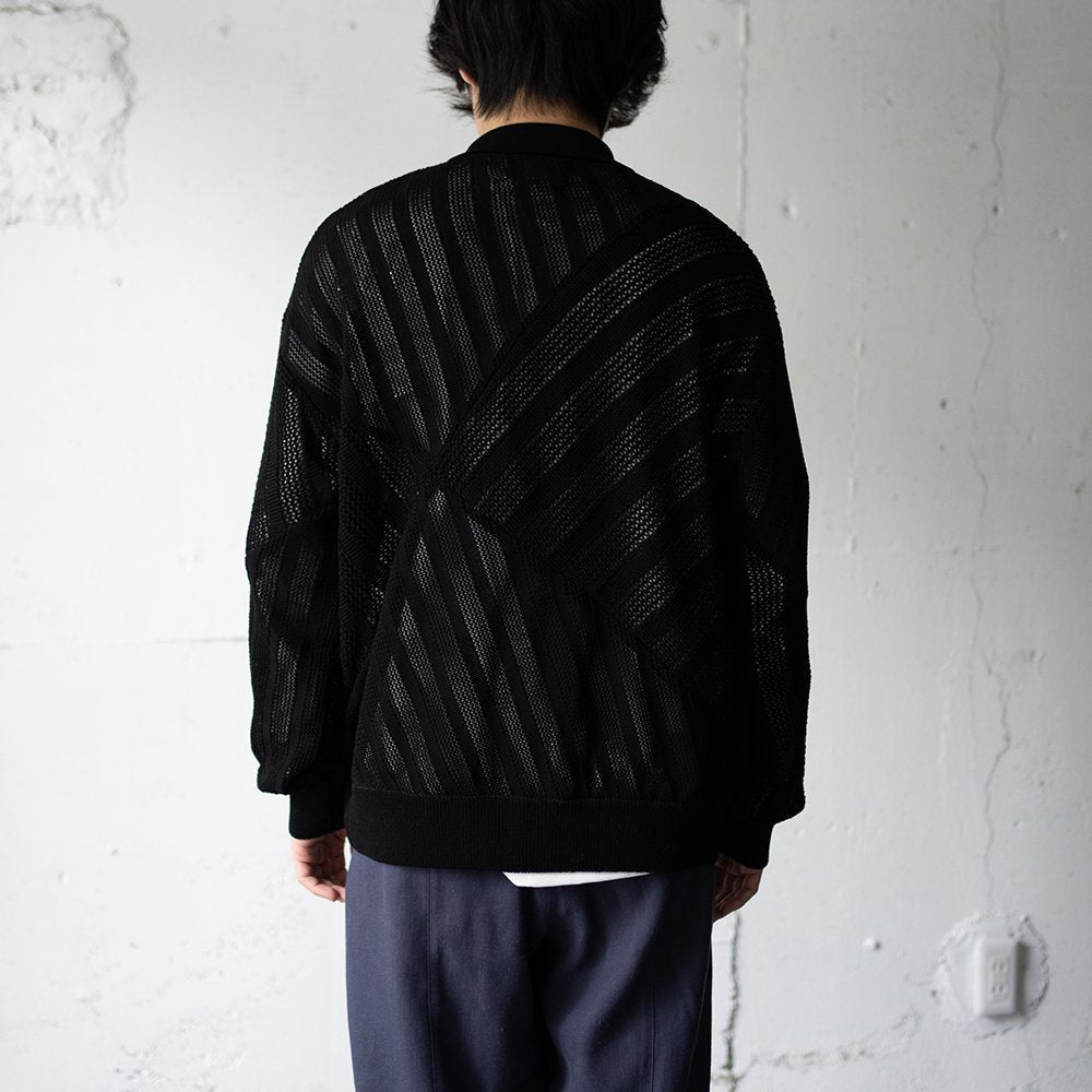 YOKE/ COTTON MESH STRIPE ZIP-UP CARDIGAN "BLACK"