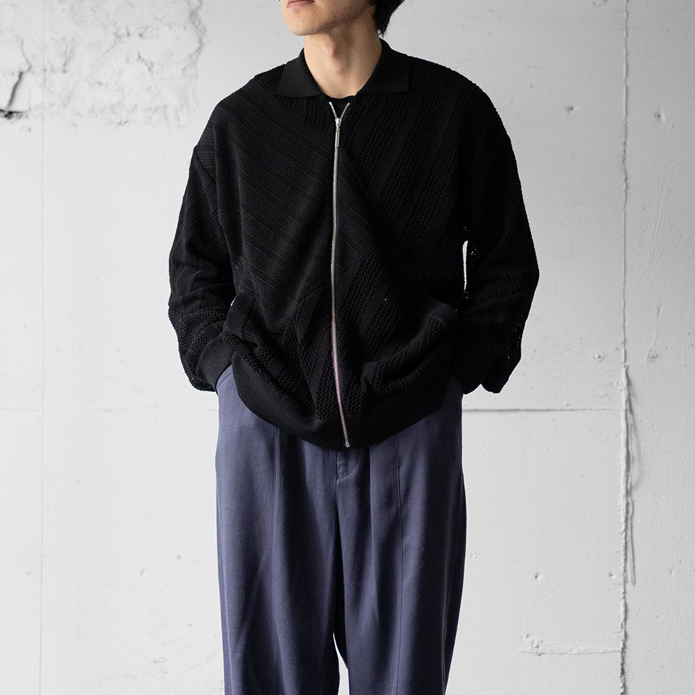 YOKE/ COTTON MESH STRIPE ZIP-UP CARDIGAN "BLACK"