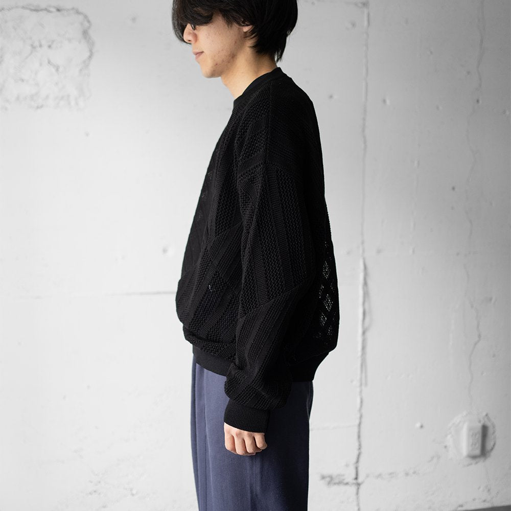 YOKE/ COTTON MESH STRIPE CREWNECK SWEATER "BLACK"