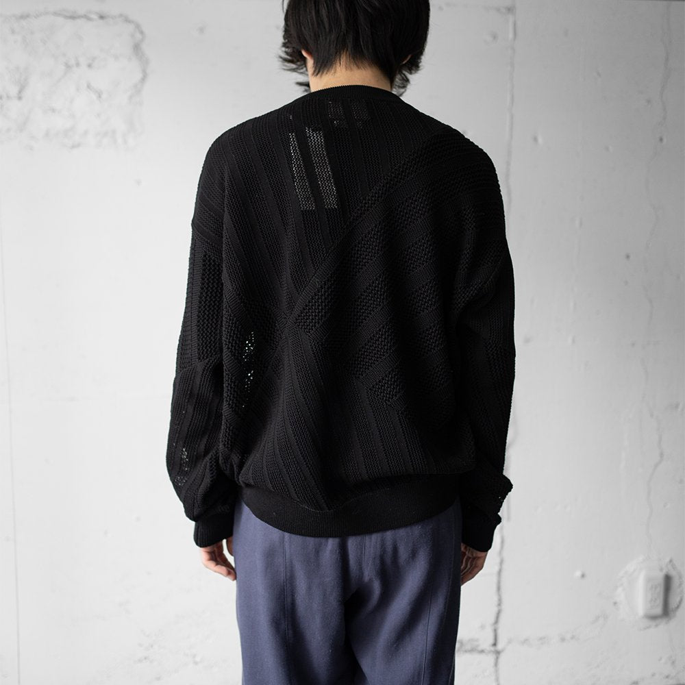 YOKE/ COTTON MESH STRIPE CREWNECK SWEATER "BLACK"