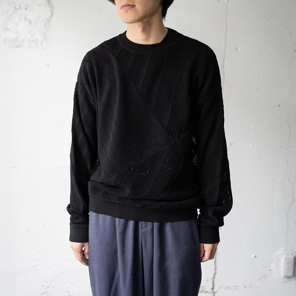 YOKE/ COTTON MESH STRIPE CREWNECK SWEATER "BLACK"