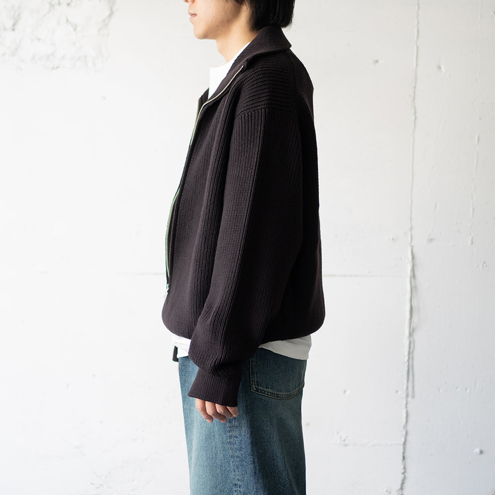 YOKE/ 3/4 FRONT ZIP HIGHNECK RIB SWEATER "DARK BROWN"