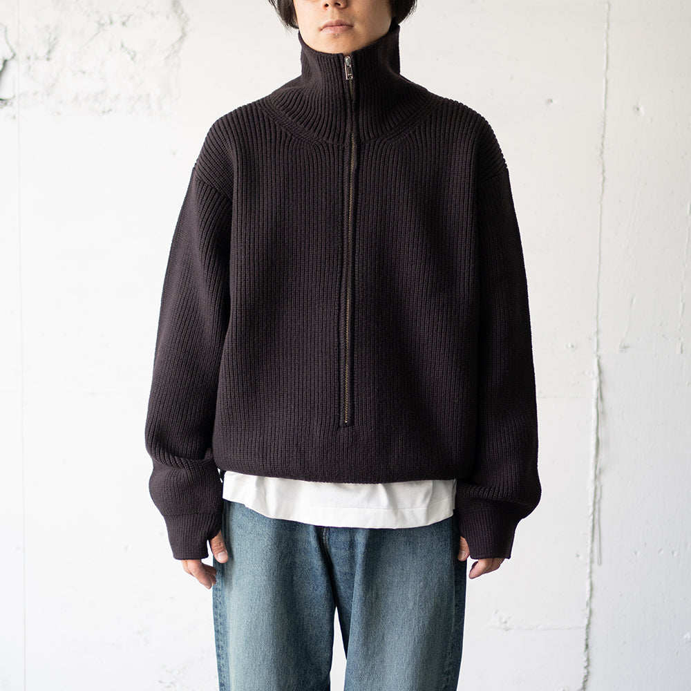 YOKE/ 3/4 FRONT ZIP HIGHNECK RIB SWEATER "DARK BROWN"