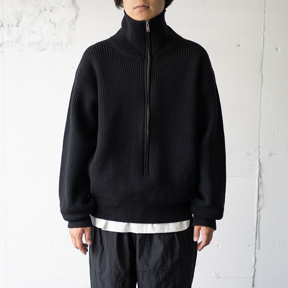 YOKE/ 3/4 FRONT ZIP HIGHNECK RIB SWEATER "BLACK"