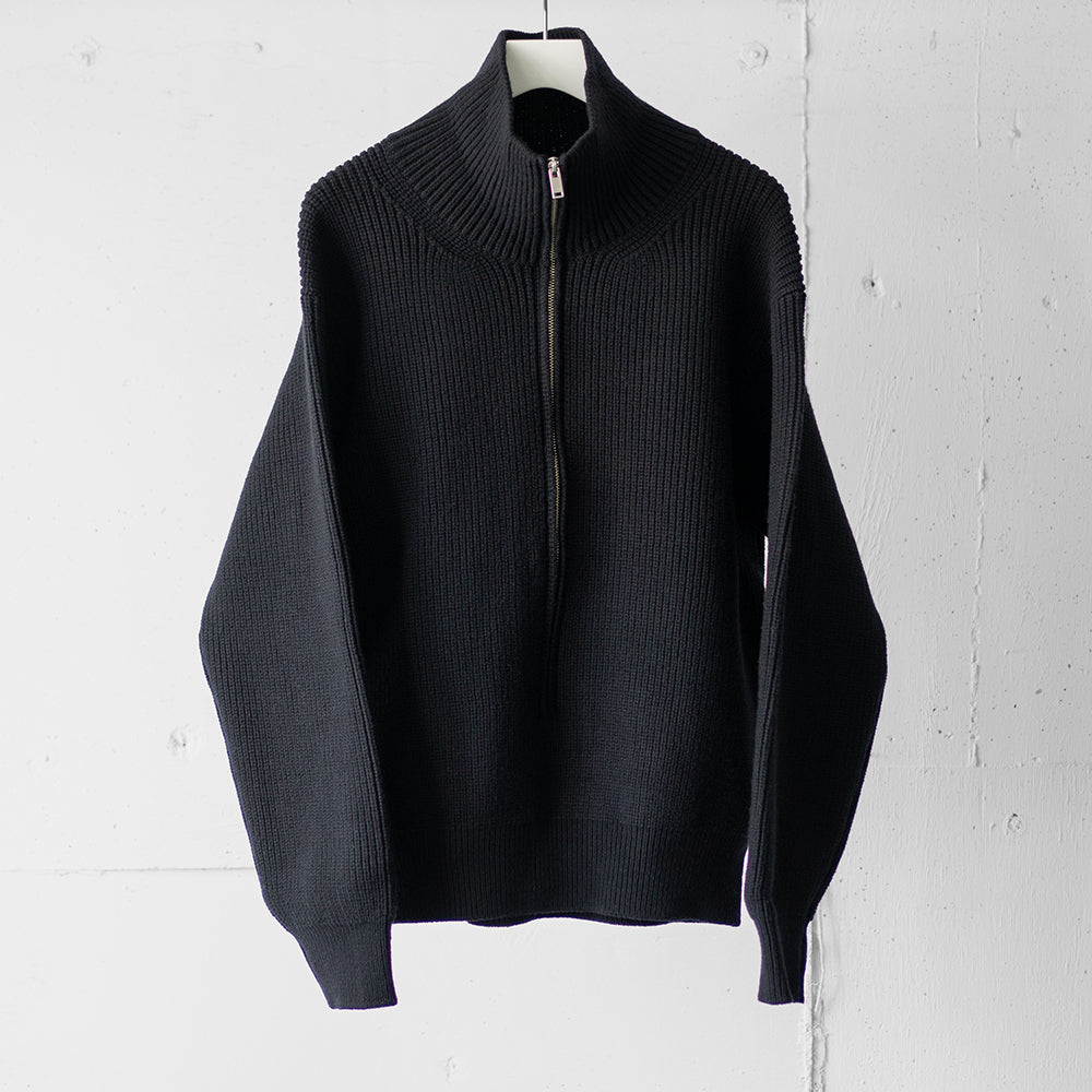 YOKE/ 3/4 FRONT ZIP HIGHNECK RIB SWEATER "BLACK"