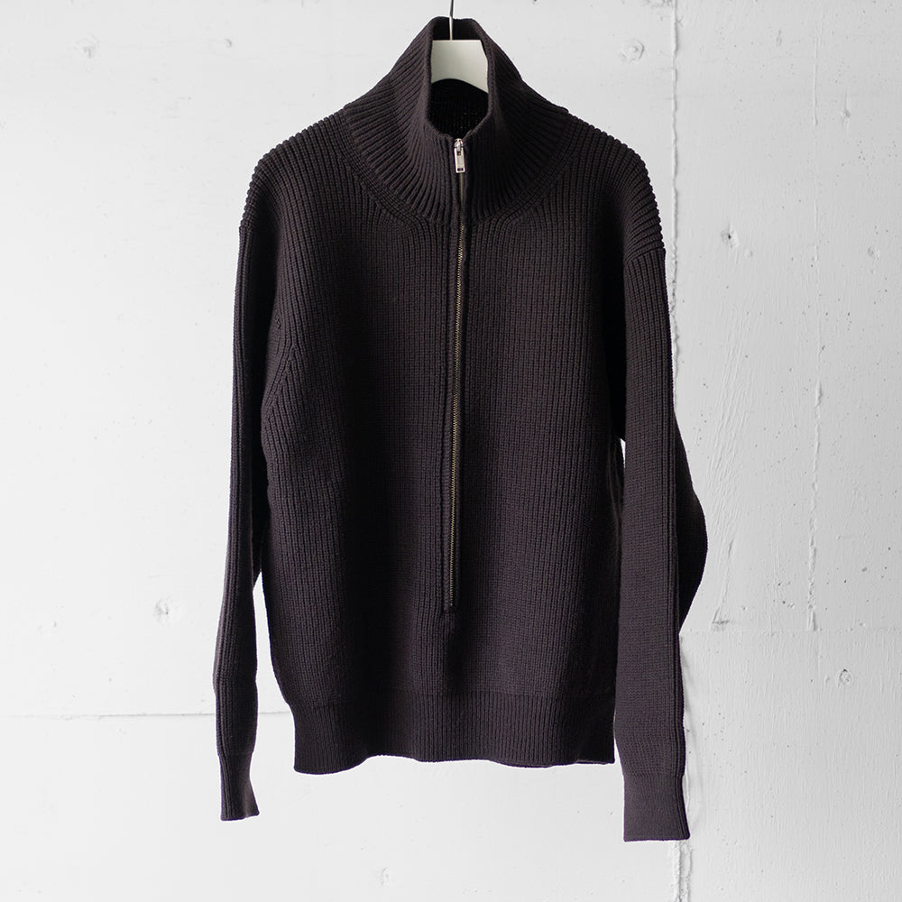 YOKE/ 3/4 FRONT ZIP HIGHNECK RIB SWEATER "DARK BROWN"