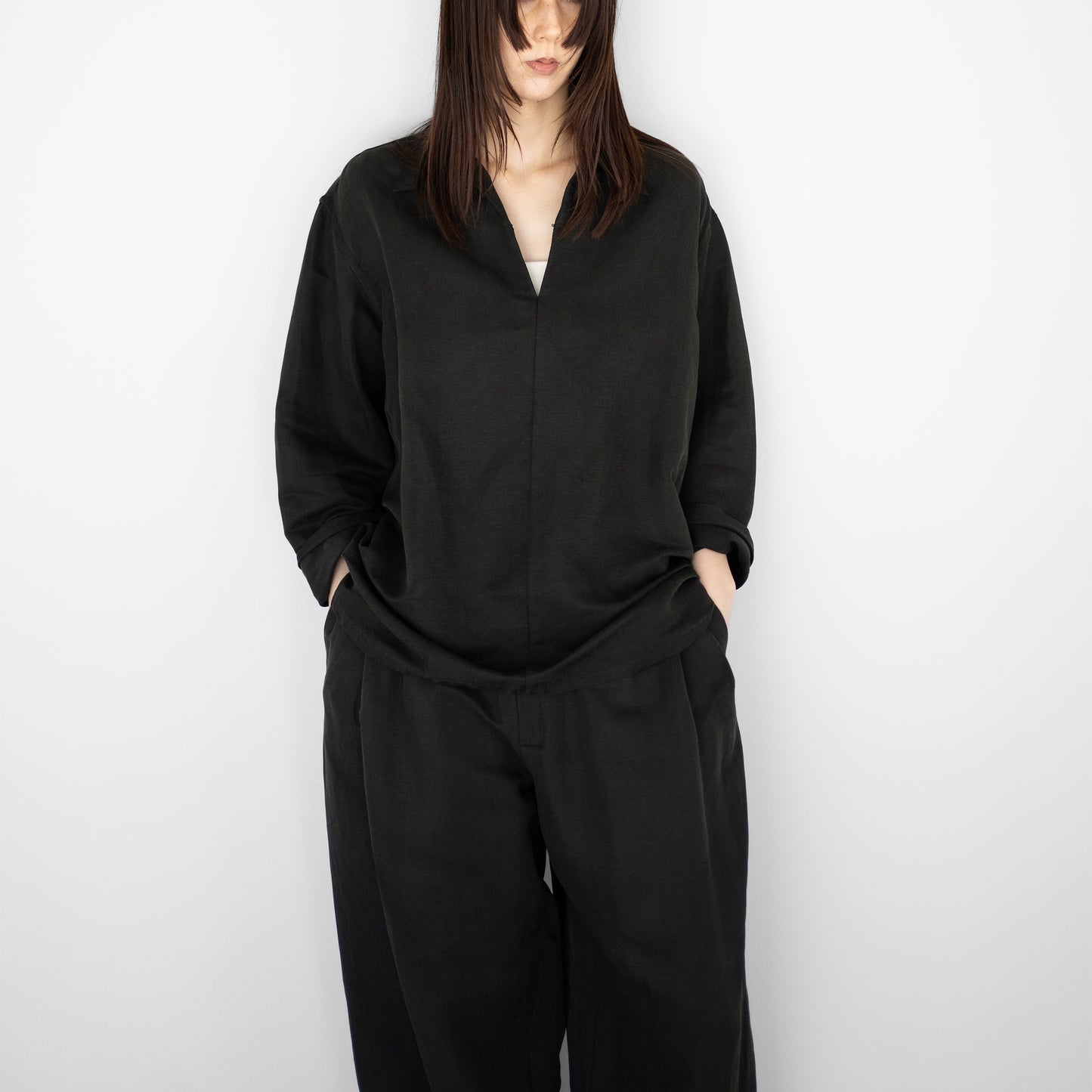 YOKE/ Linen Silk Kersey Skipper Shirt "BLACK"