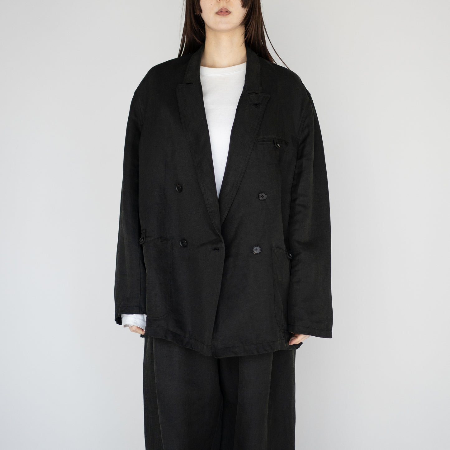 YOKE/ Linen Silk Kersey Double Breasted Blezer "BLACK"