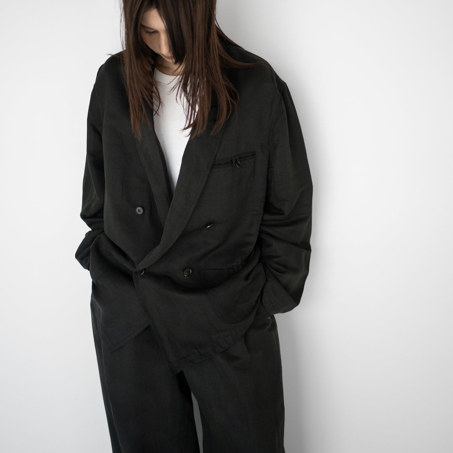 YOKE/ Linen Silk Kersey Double Breasted Blezer "BLACK"