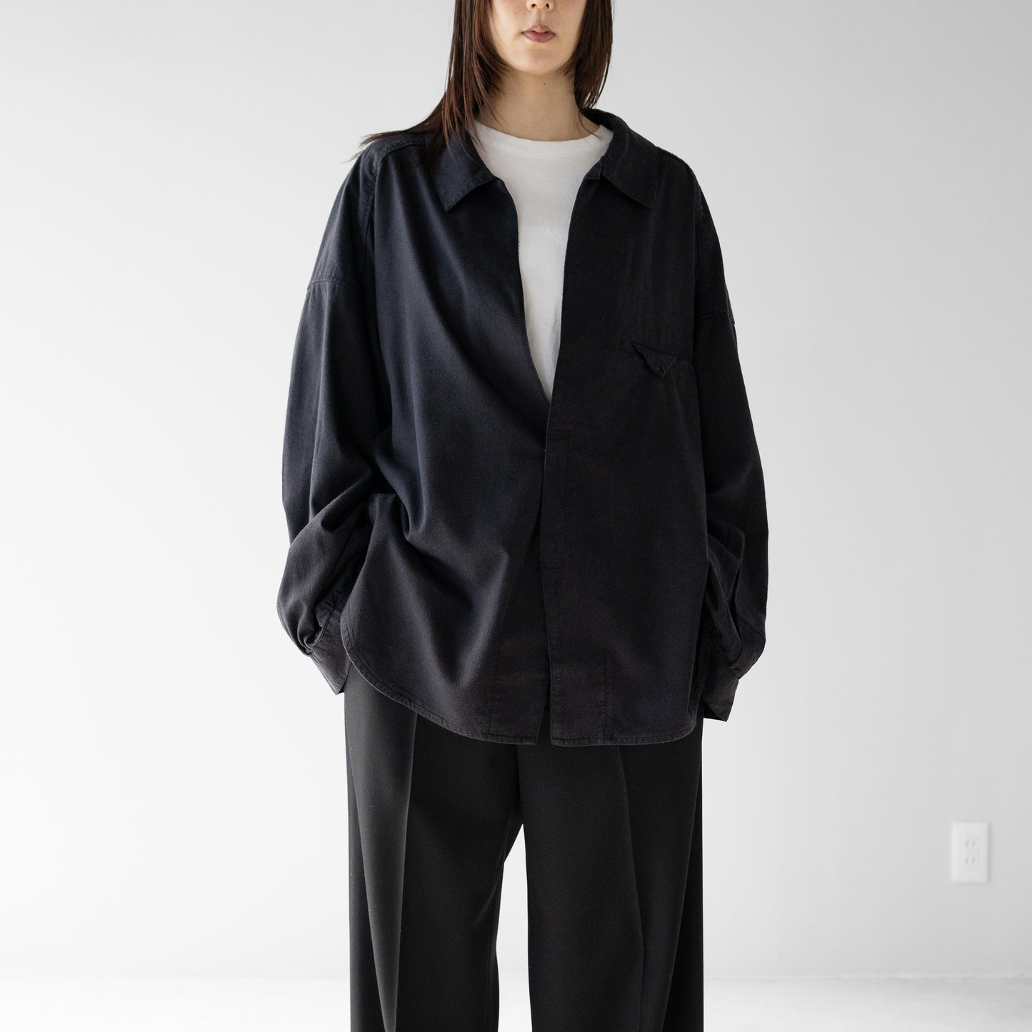 ANCELLM / SILK NEP LONG SHIRT "BLACK"
