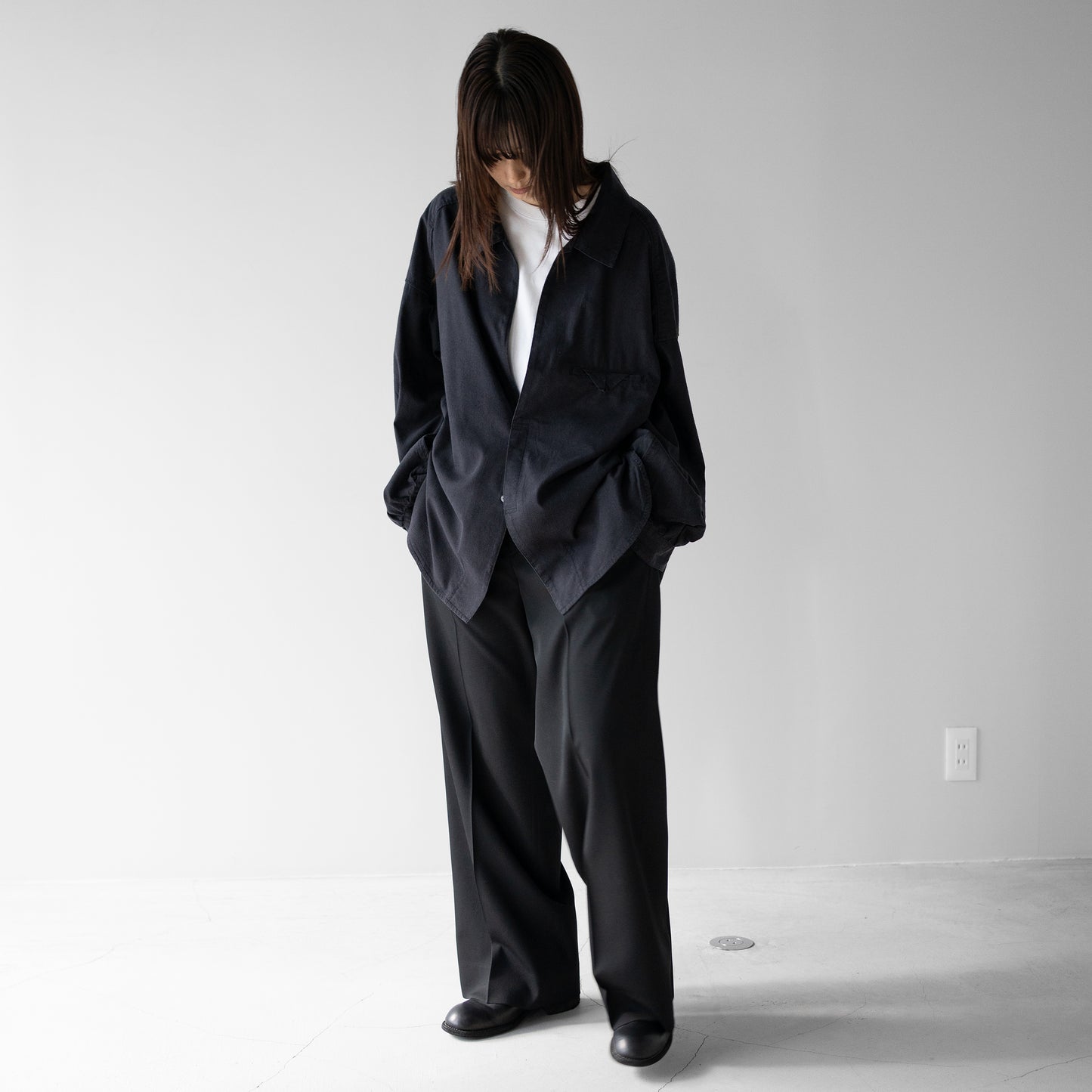 ANCELLM / SILK NEP LONG SHIRT "BLACK"