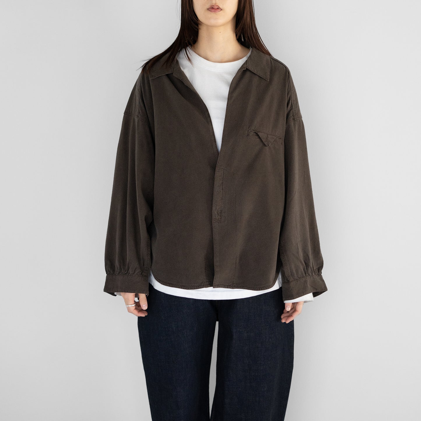 ANCELLM / SILK NEP LONG SHIRT "BROWN"