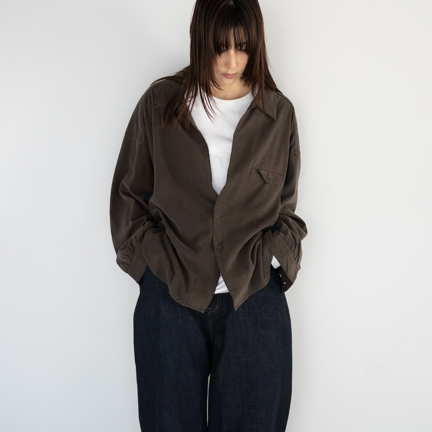 ANCELLM / SILK NEP LONG SHIRT "BROWN"