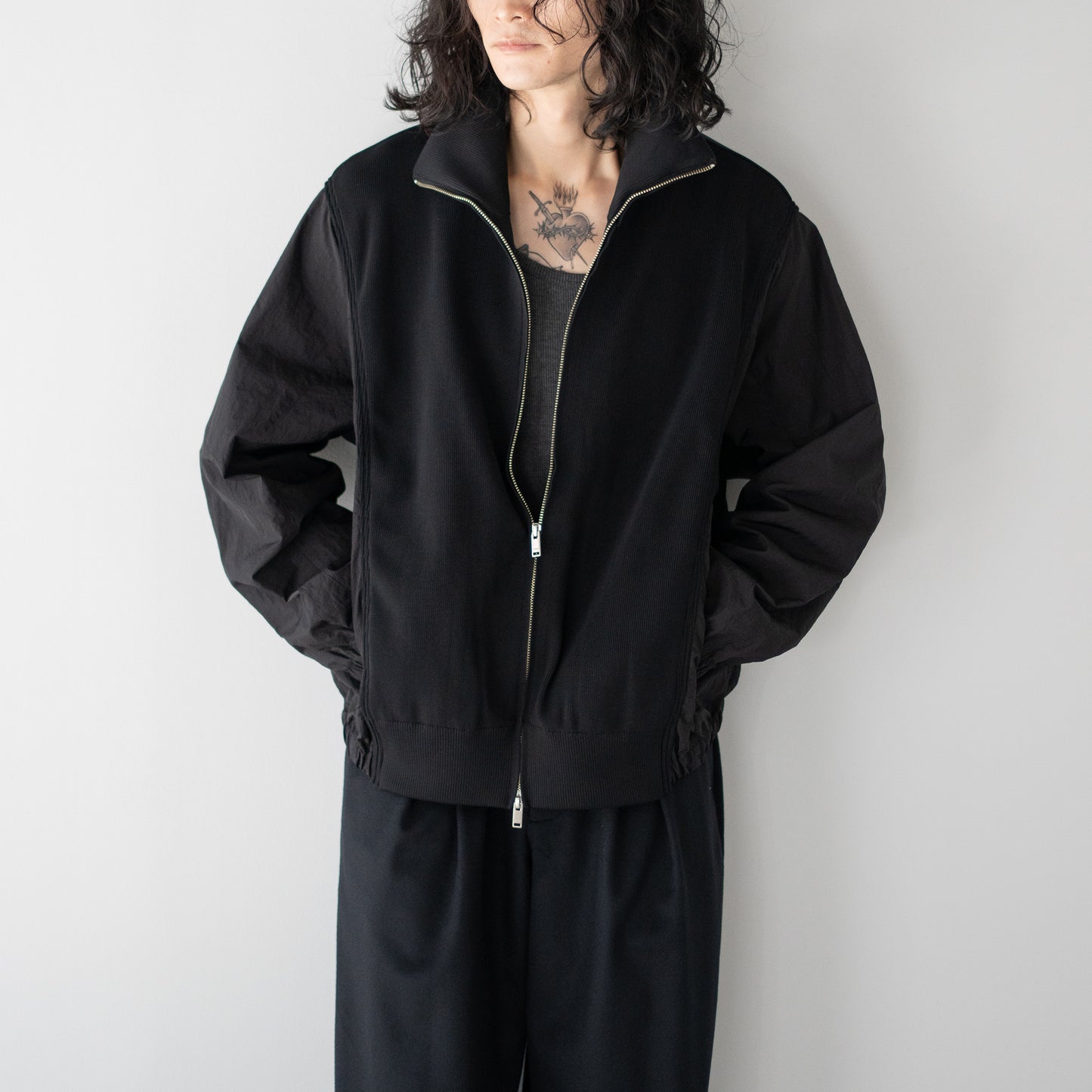 YOKE/ Connected Rib Knit Trucker Jacket "BLACK"