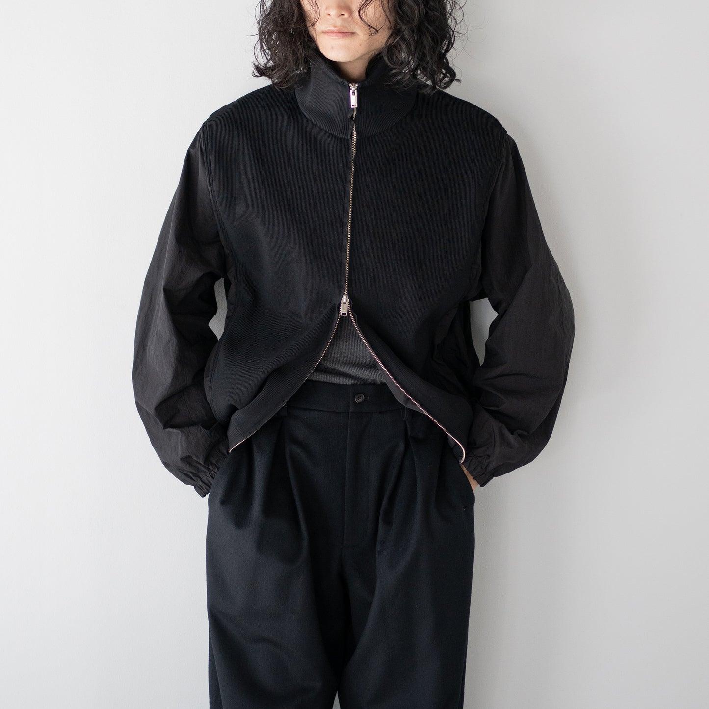 YOKE/ Connected Rib Knit Trucker Jacket "BLACK"