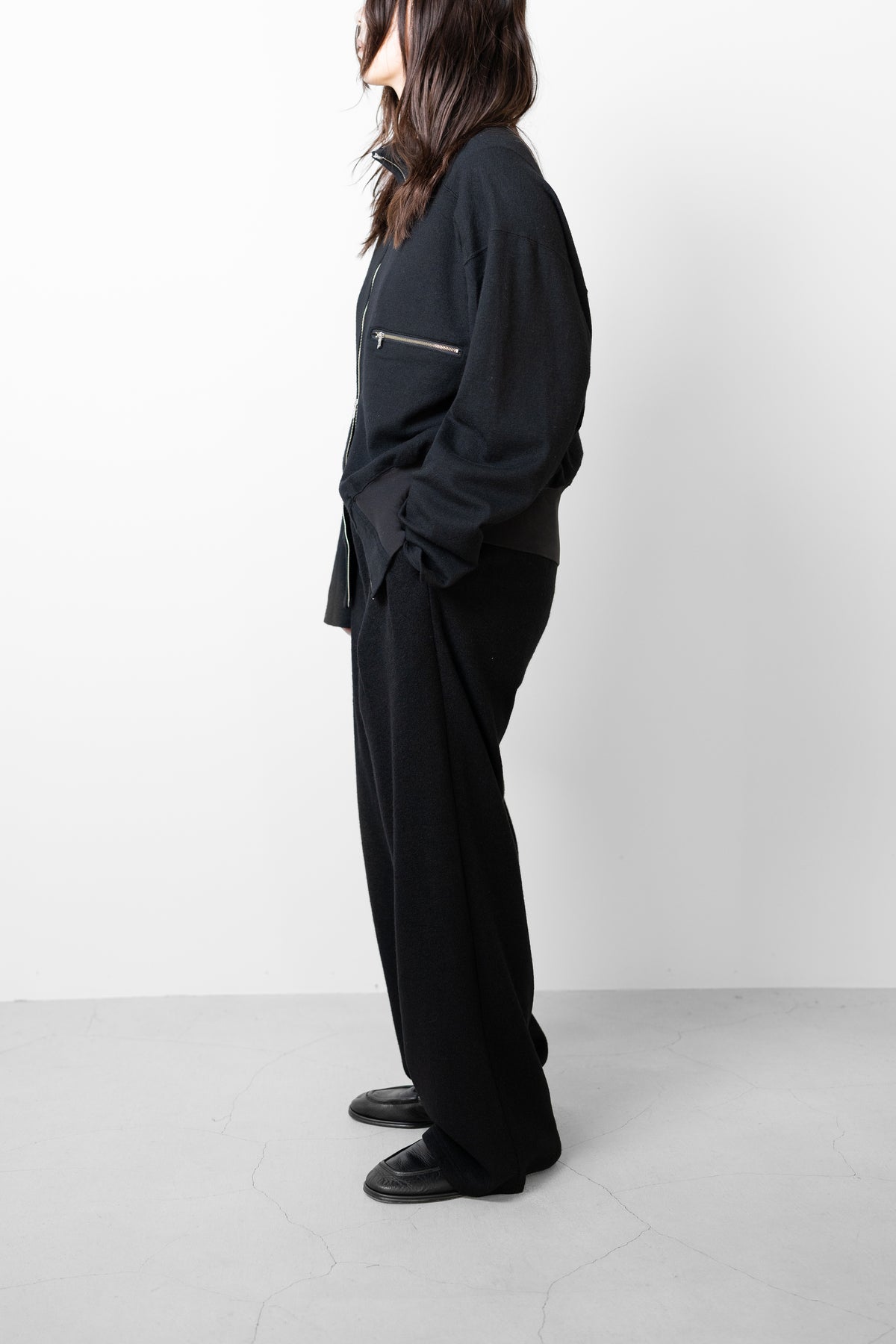 ANCELLM / SHRINK WOOL ZIP UP STAND BLOUSON "BLACK"