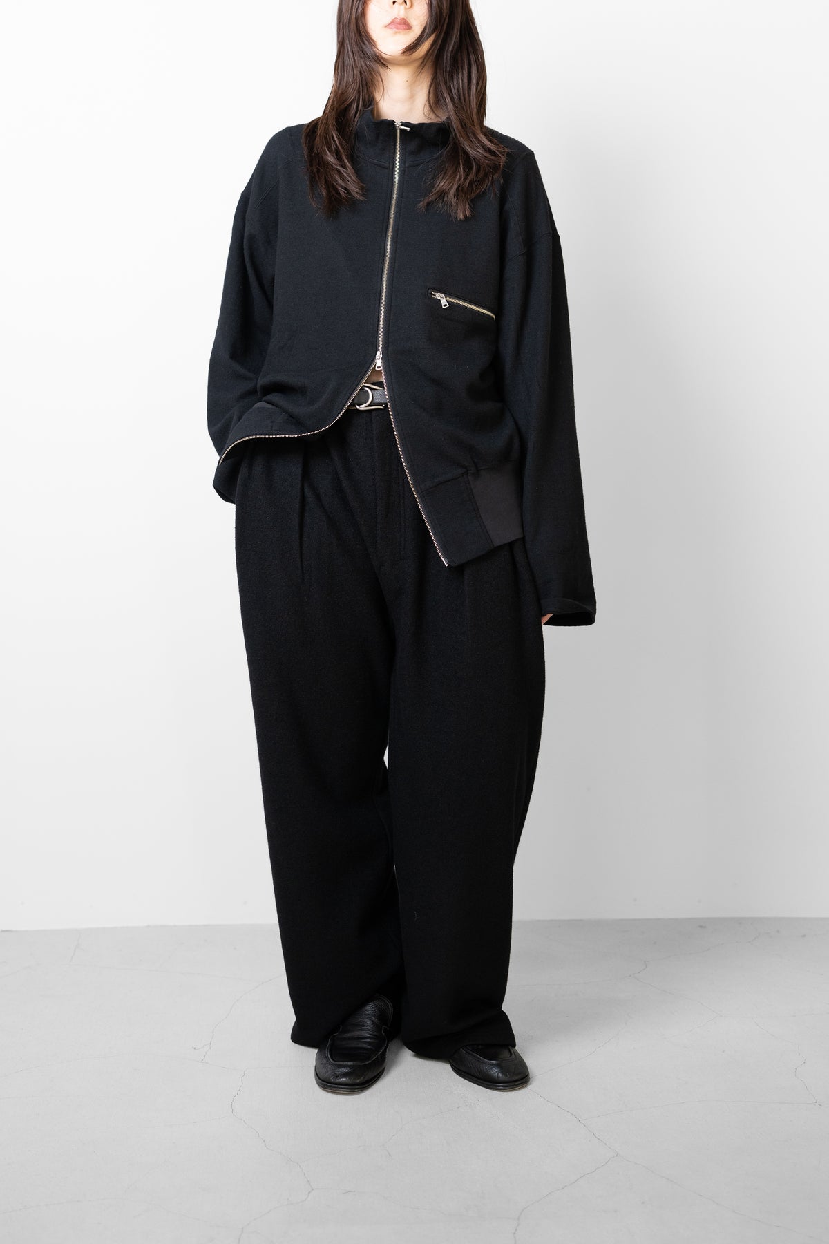 ANCELLM / SHRINK WOOL ZIP UP STAND BLOUSON "BLACK"