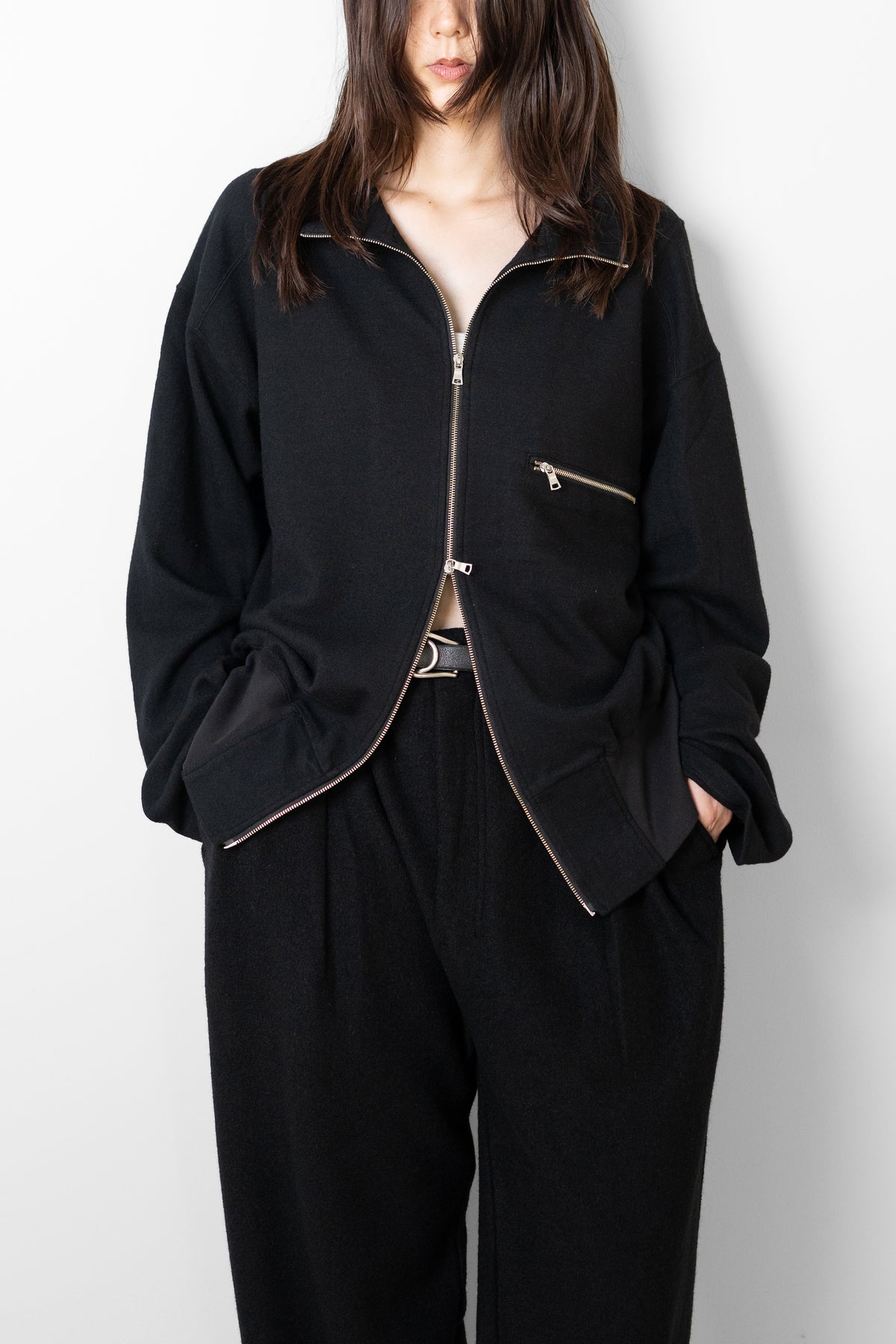 ANCELLM / SHRINK WOOL ZIP UP STAND BLOUSON "BLACK"