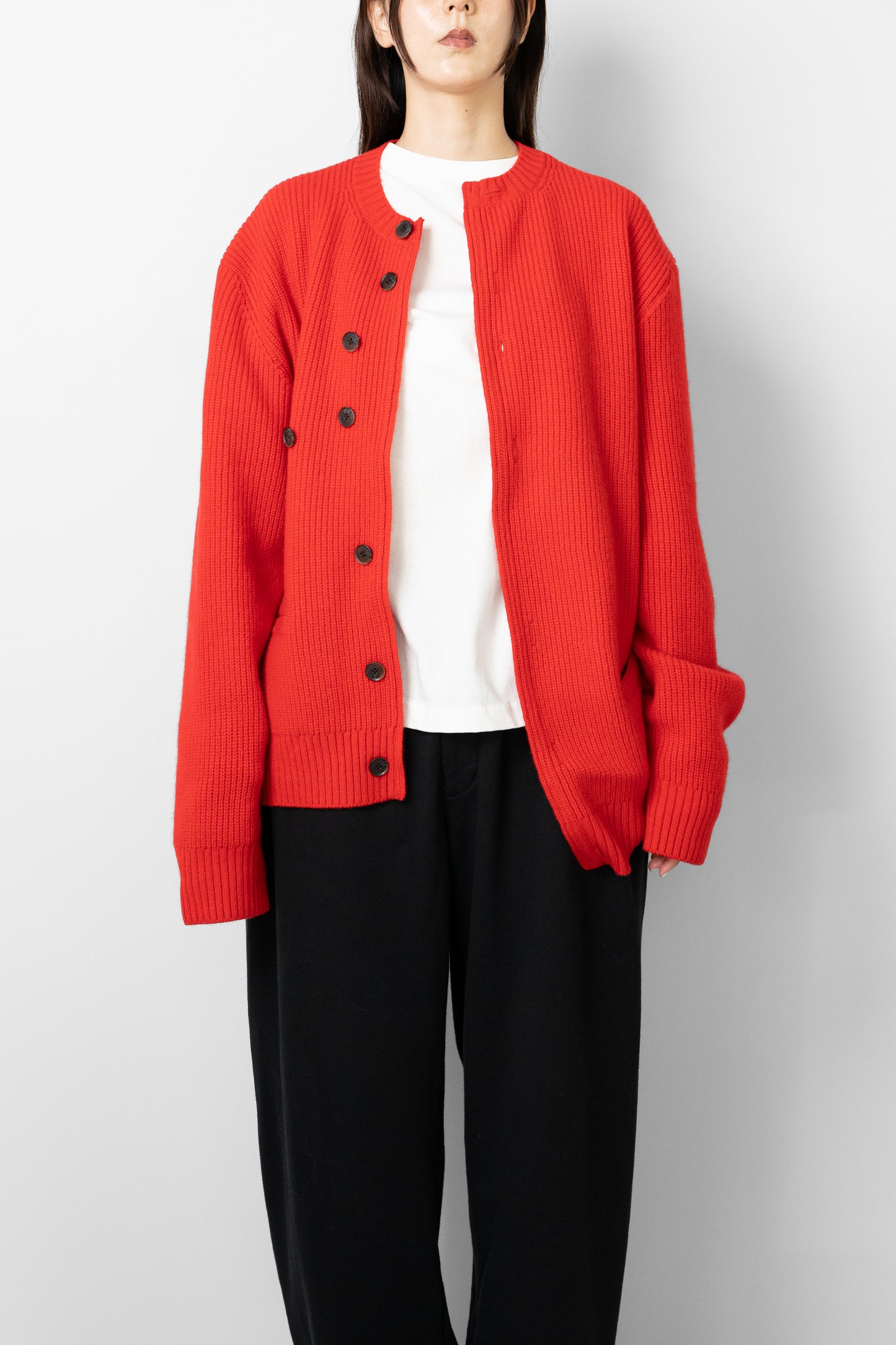 YOKE/ Sculptural Wired Crew Neck Cardigan "RED"