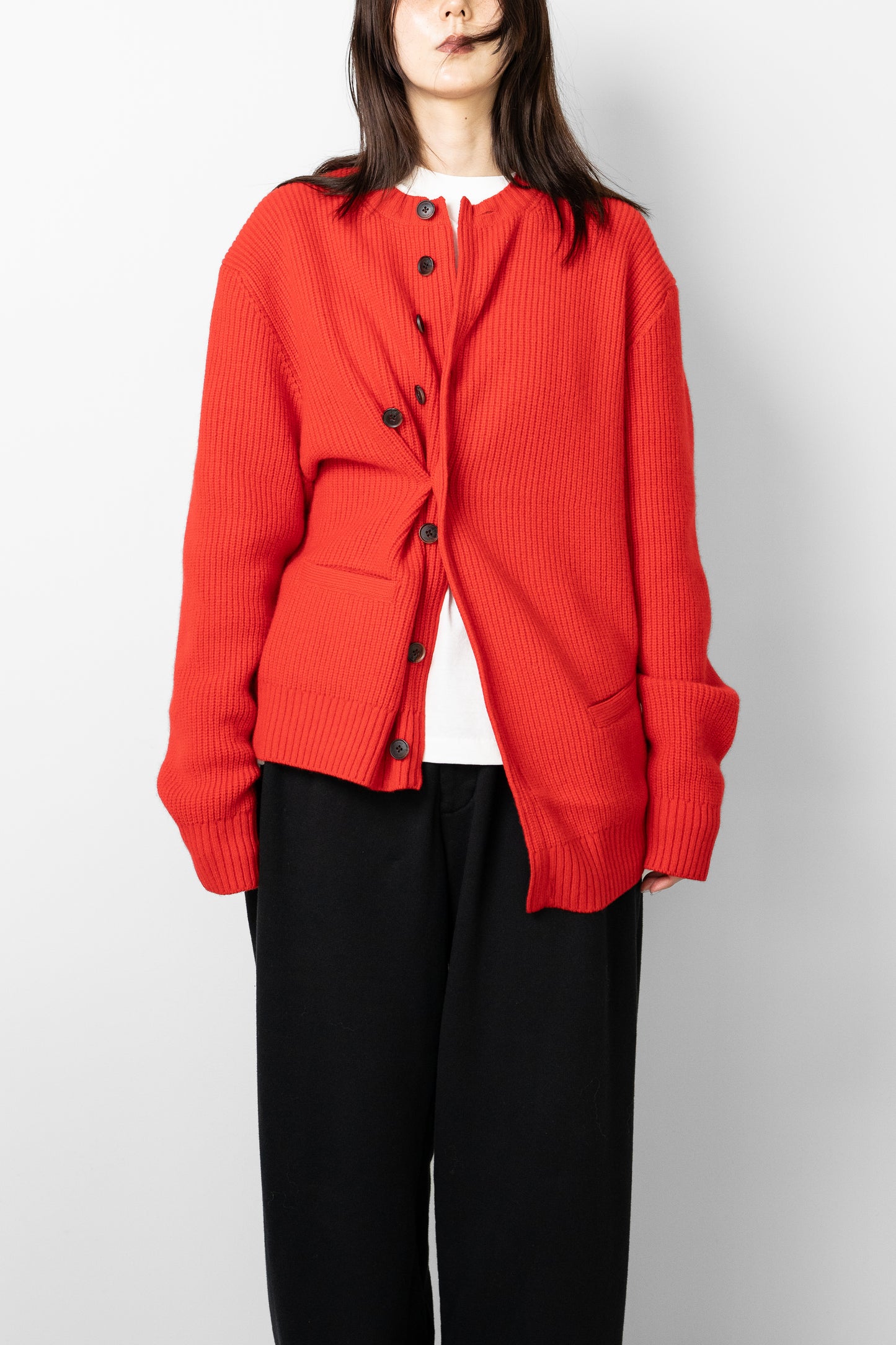 YOKE/ Sculptural Wired Crew Neck Cardigan "RED"
