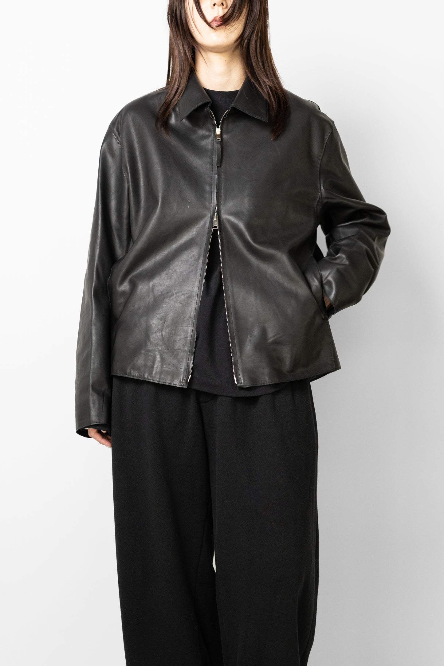 YOKE/ Calf Nappa Leather Minimal Blouson "BLACK"