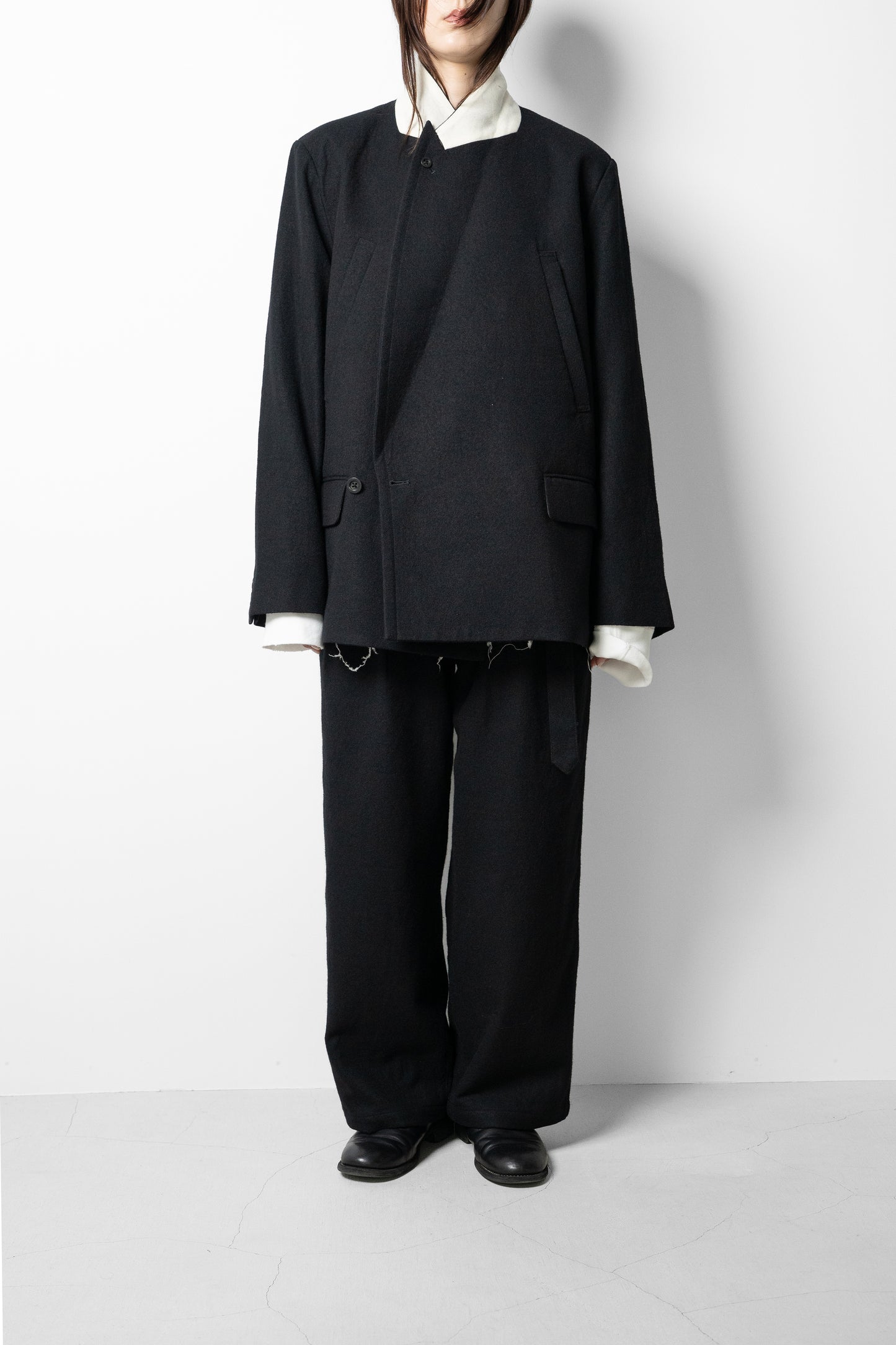 ANCELLM / WOOL BELTED WIDE SLACKS "BLACK"
