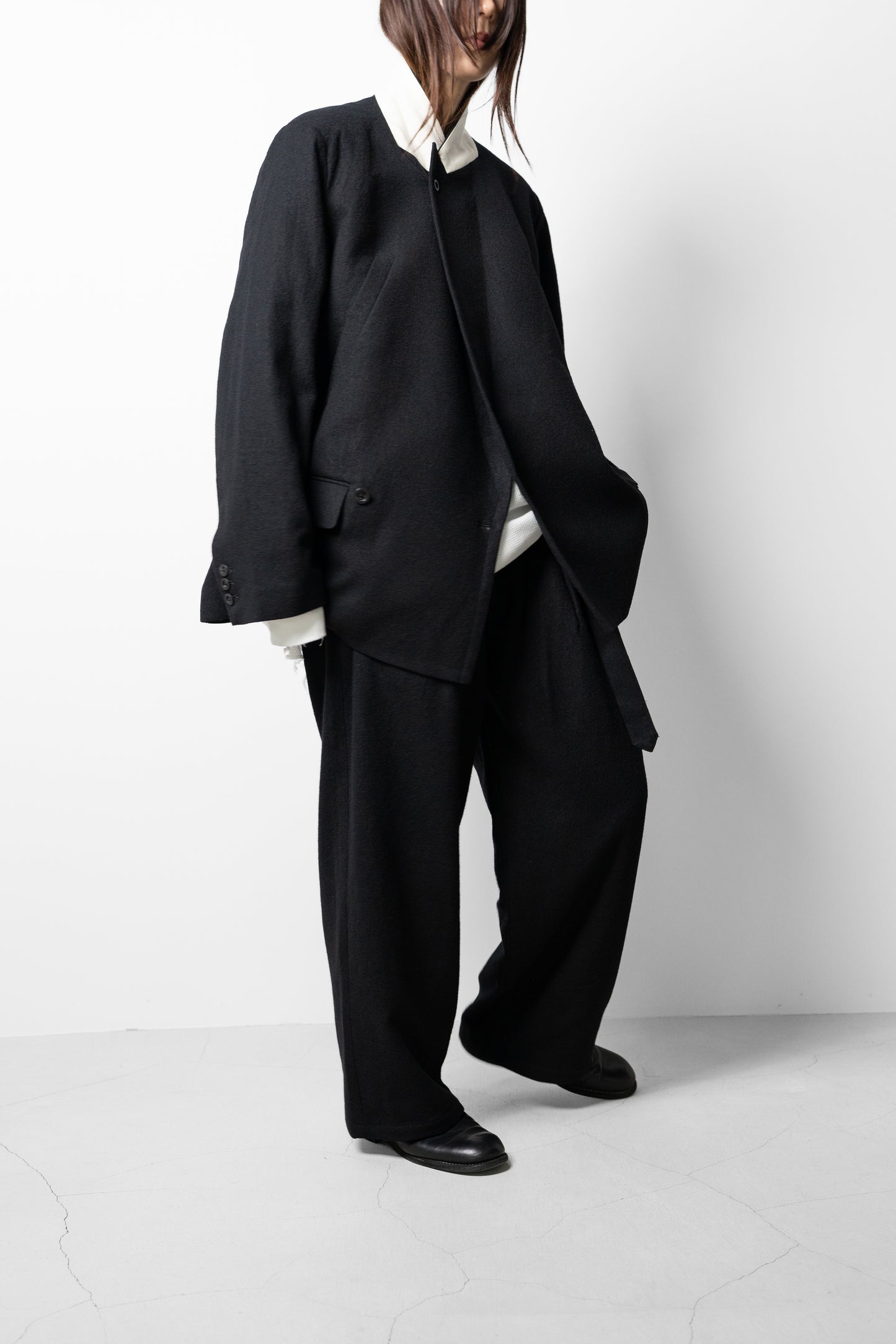 ANCELLM / WOOL BELTED WIDE SLACKS "BLACK"