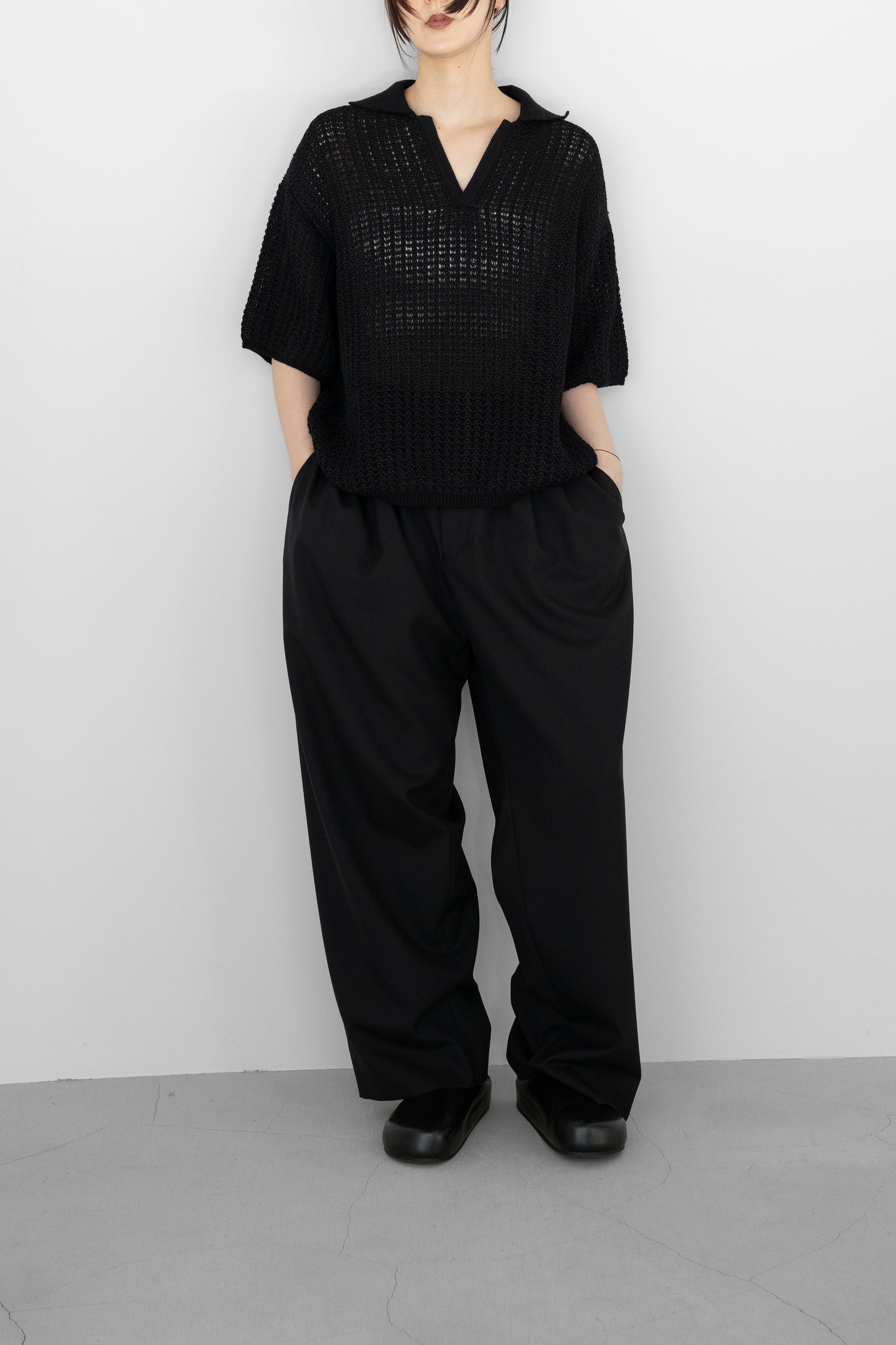 YOKE/ MESH KNIT SKIPPER POLO SHIRT "BLACK"