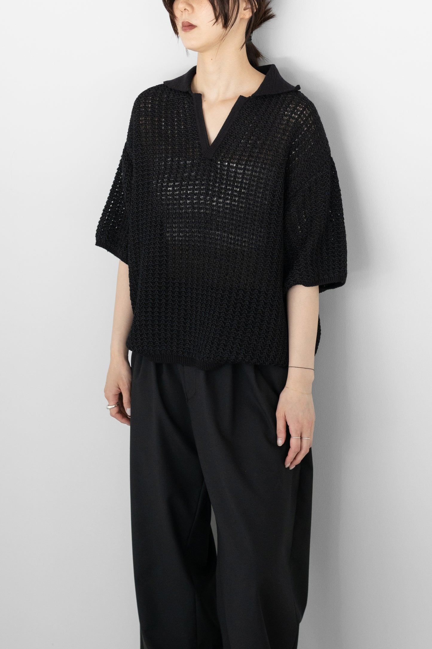YOKE/ MESH KNIT SKIPPER POLO SHIRT "BLACK"