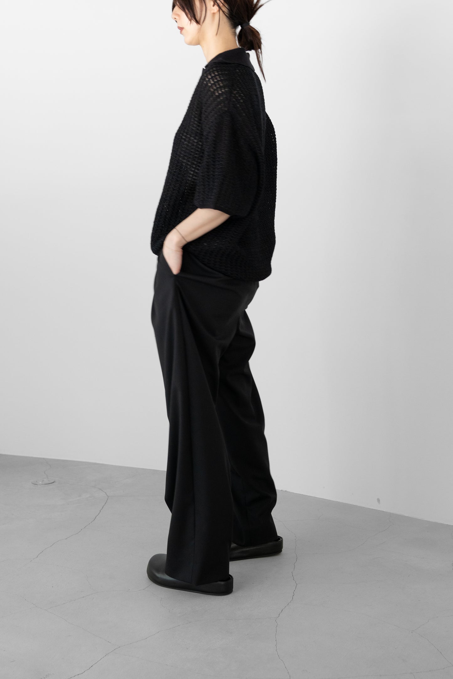 YOKE/ MESH KNIT SKIPPER POLO SHIRT "BLACK"