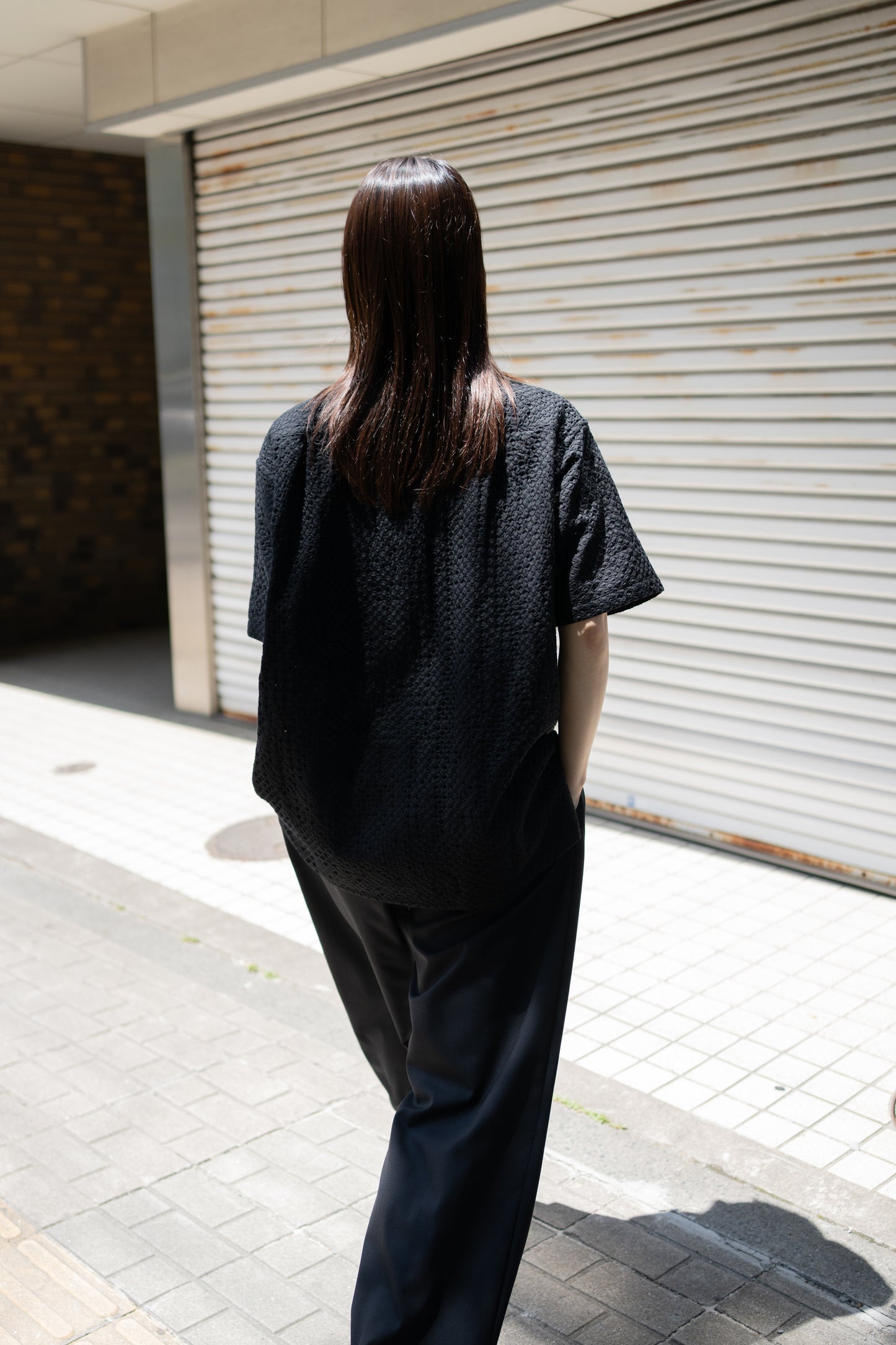YOKE/ EMBROIDERY OPEN COLLAR SHIRT "BLACK"
