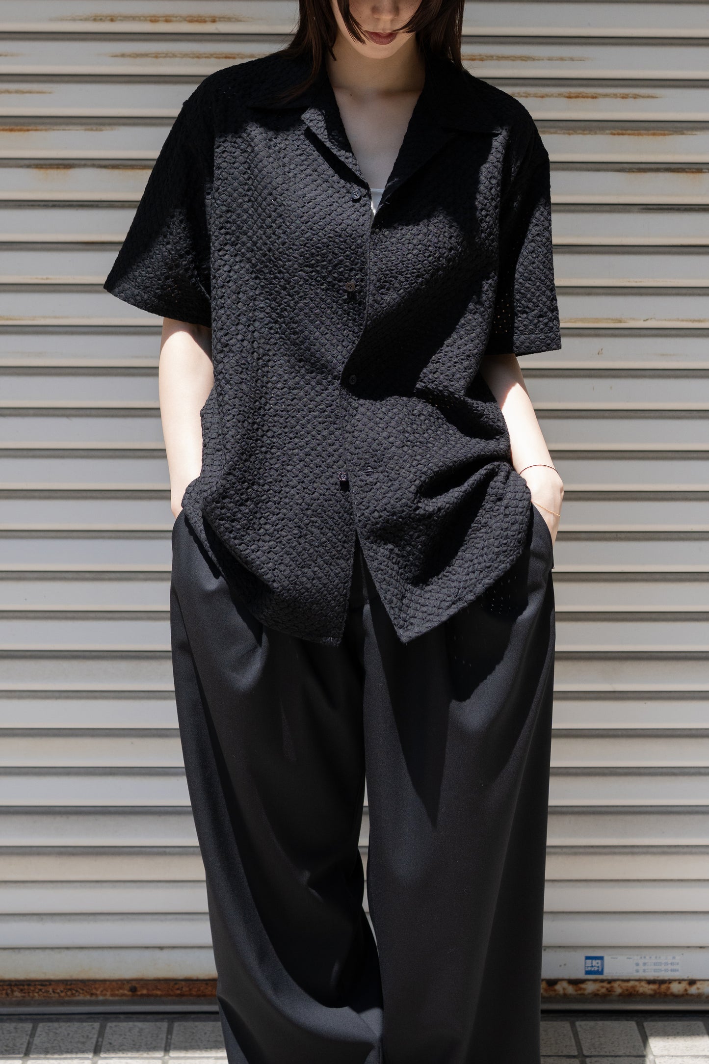 YOKE/ EMBROIDERY OPEN COLLAR SHIRT "BLACK"