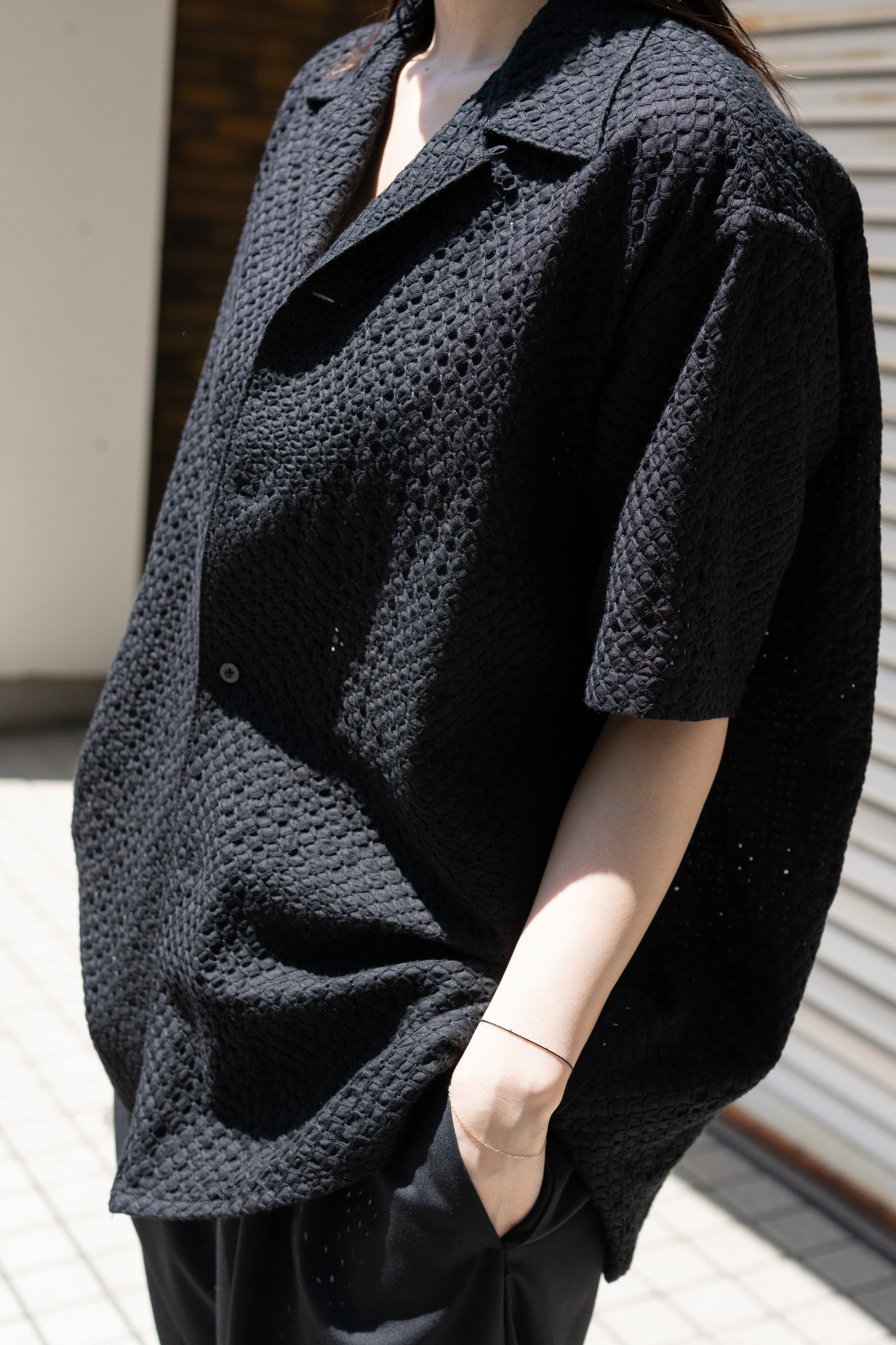 YOKE/ EMBROIDERY OPEN COLLAR SHIRT "BLACK"