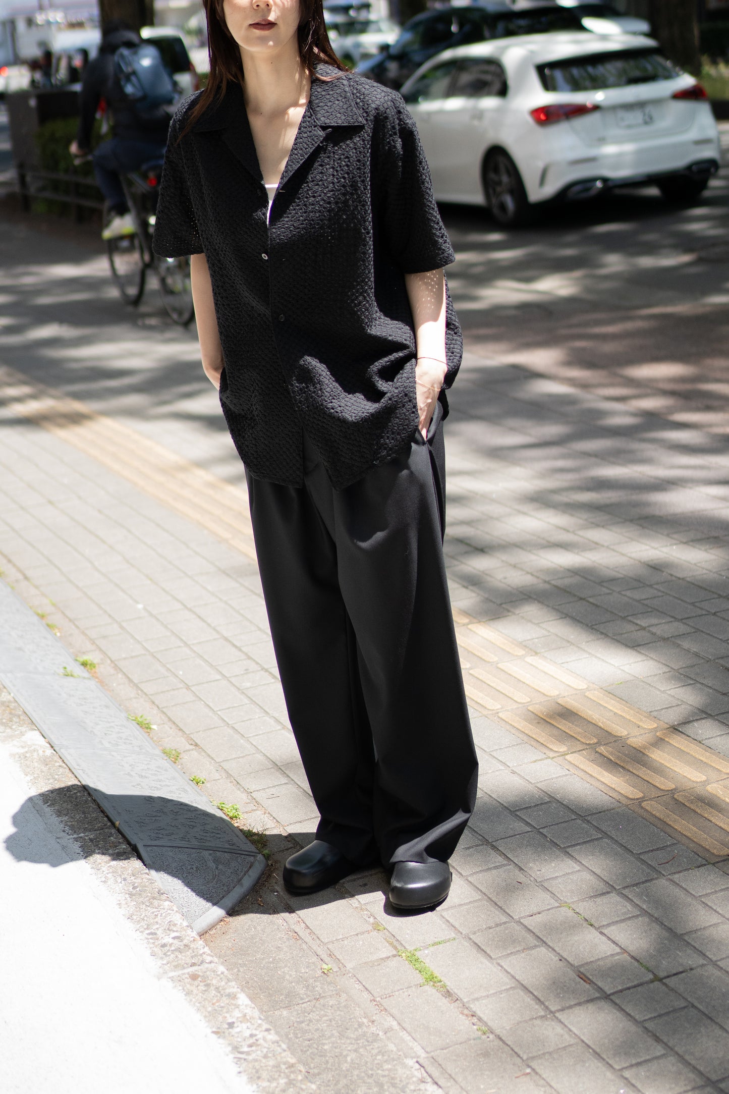 YOKE/ EMBROIDERY OPEN COLLAR SHIRT "BLACK"