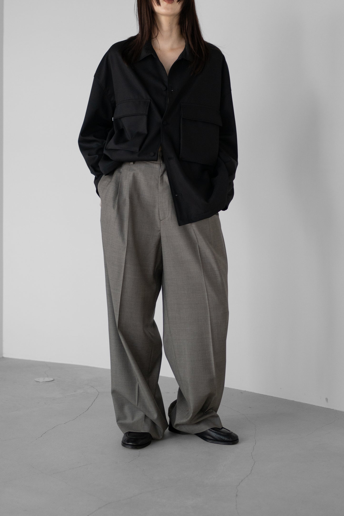 ssstein/ EXTRA FINE WOOL EASY LONG WIDE TROUSERS "GREIGE"
