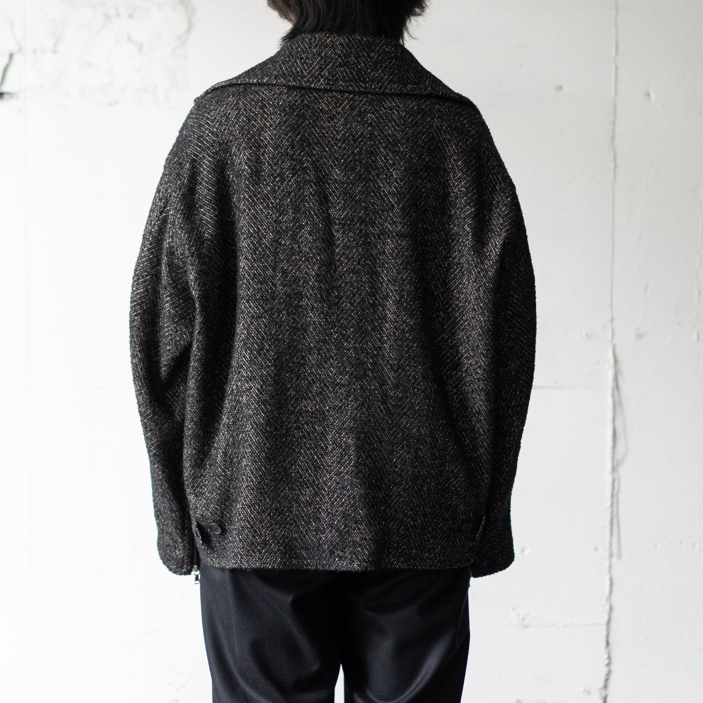 YOKE/ TWEED STAND COLLAR ZIP BLOUSON "BLACK"