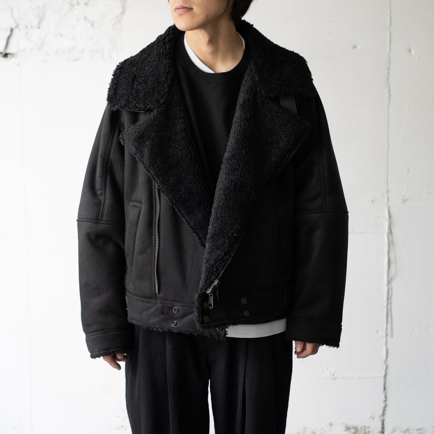 ANCELLM / VEGAN LEATHER BOA ZIP JACKET "BLACK"