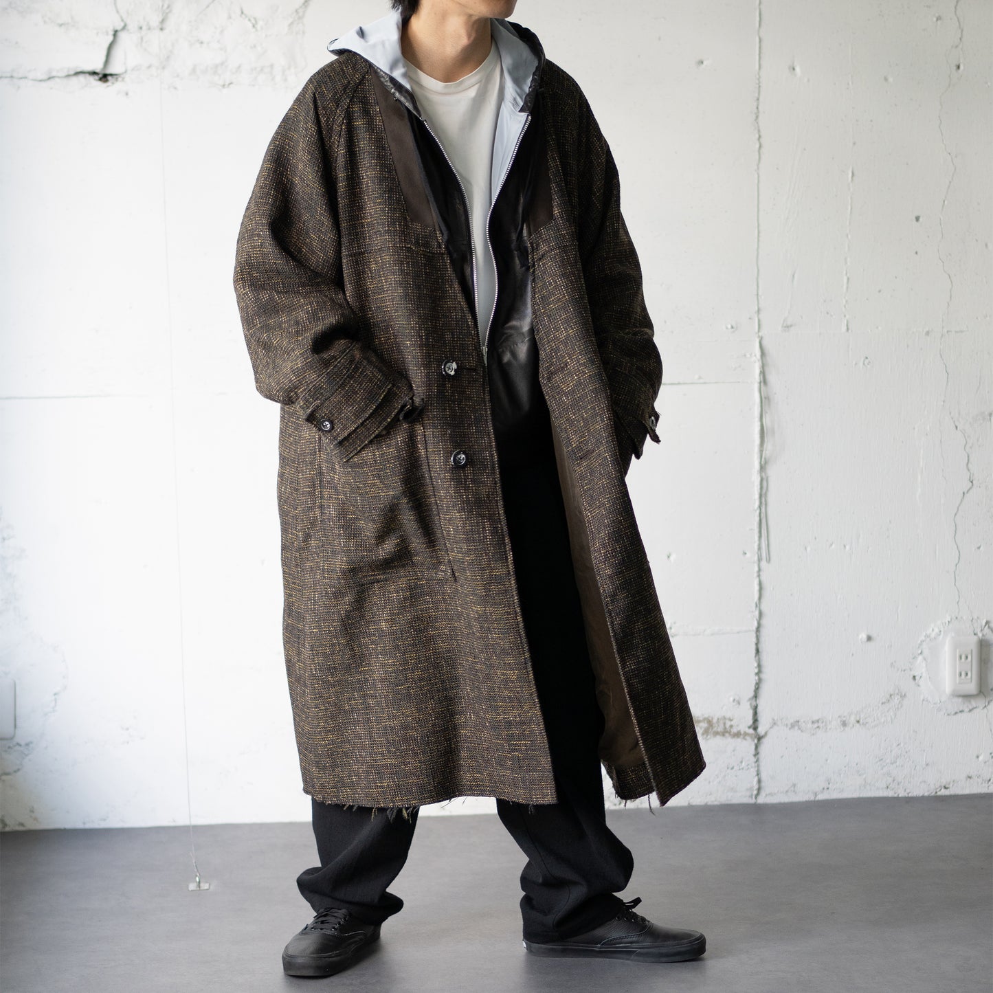 ANCELLM / TWEED COLLARLESS COAT "BROWN"