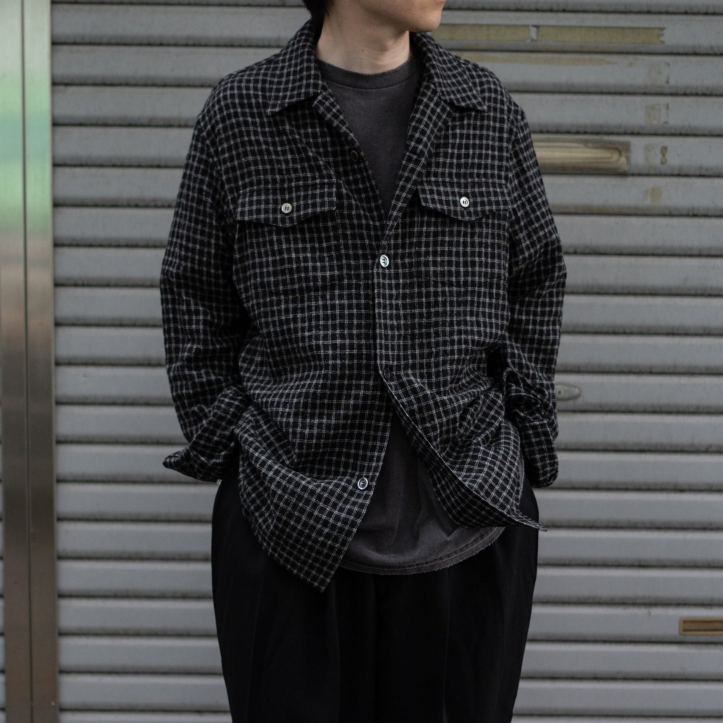 ENCOMING/ OPEN COLLAR SHIRT "BLACK/CHECK"