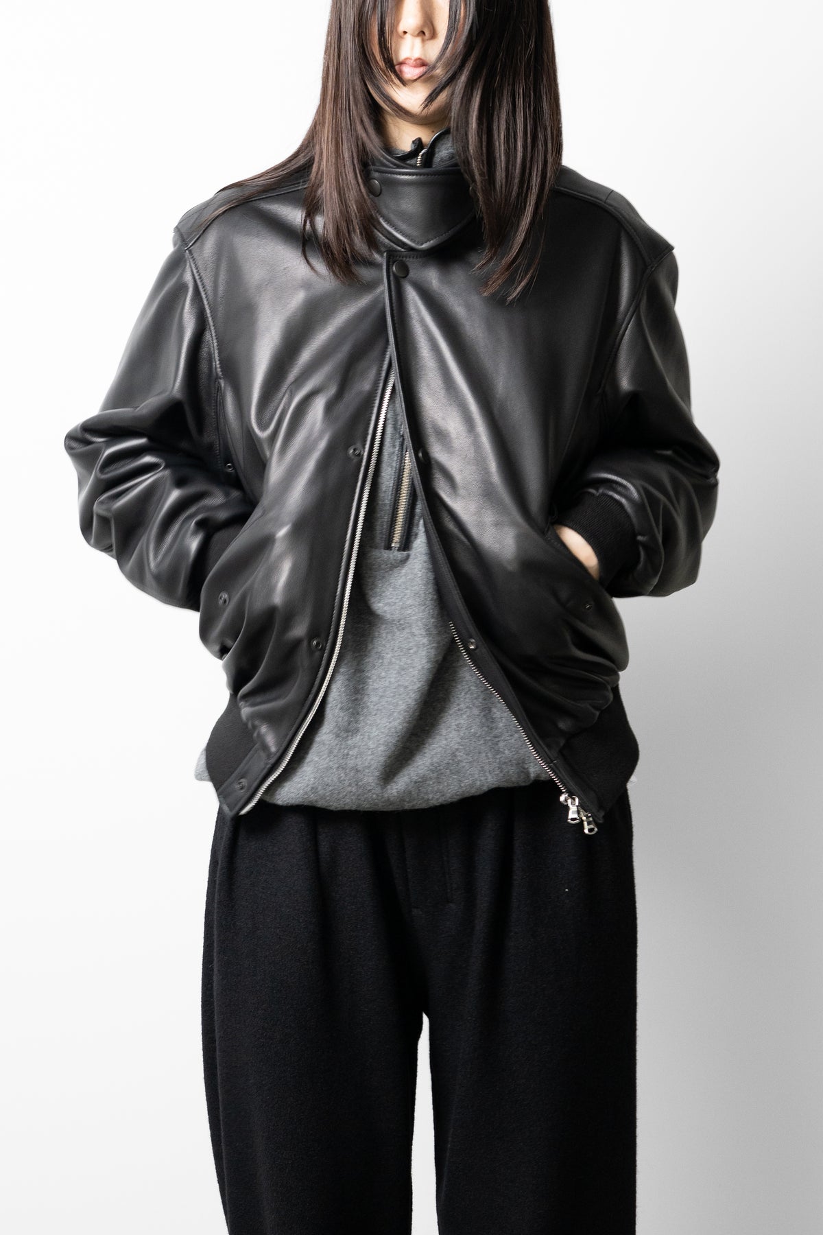 YOKE/ Lamb Leather Bomber Jacket "Black"