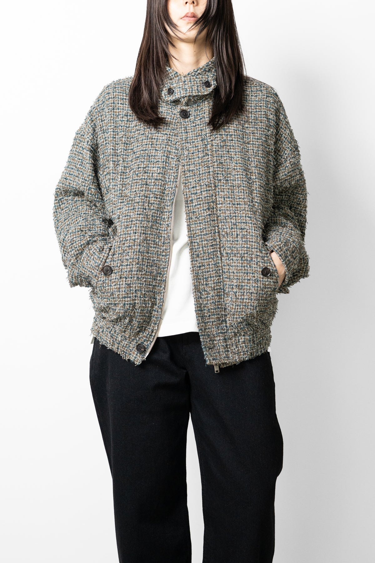 YOKE/ Needlepunched Cotton Plaid Drizzler Jacket "Gray"