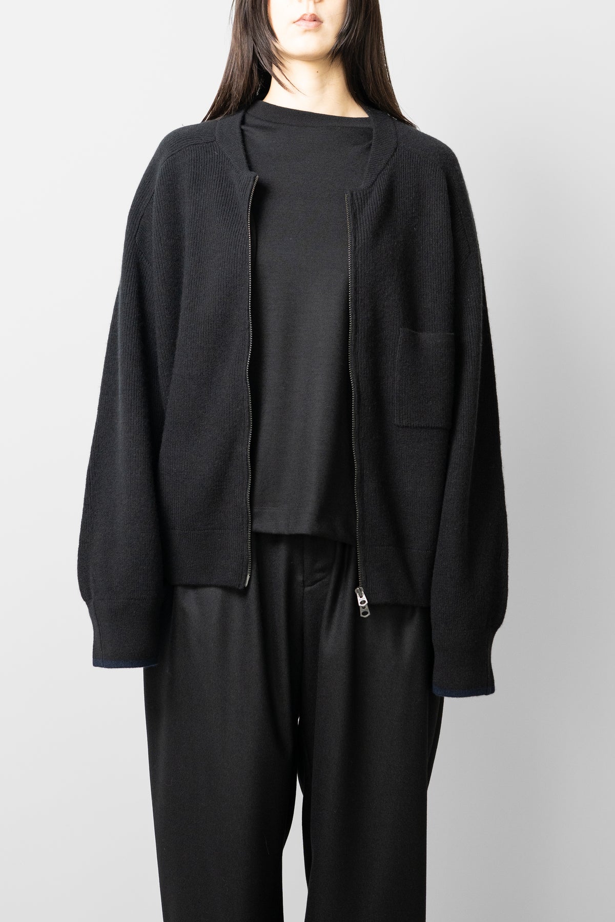 ANCELLM / FULL ZIPPED KNIT CARDIGAN "BLACK"