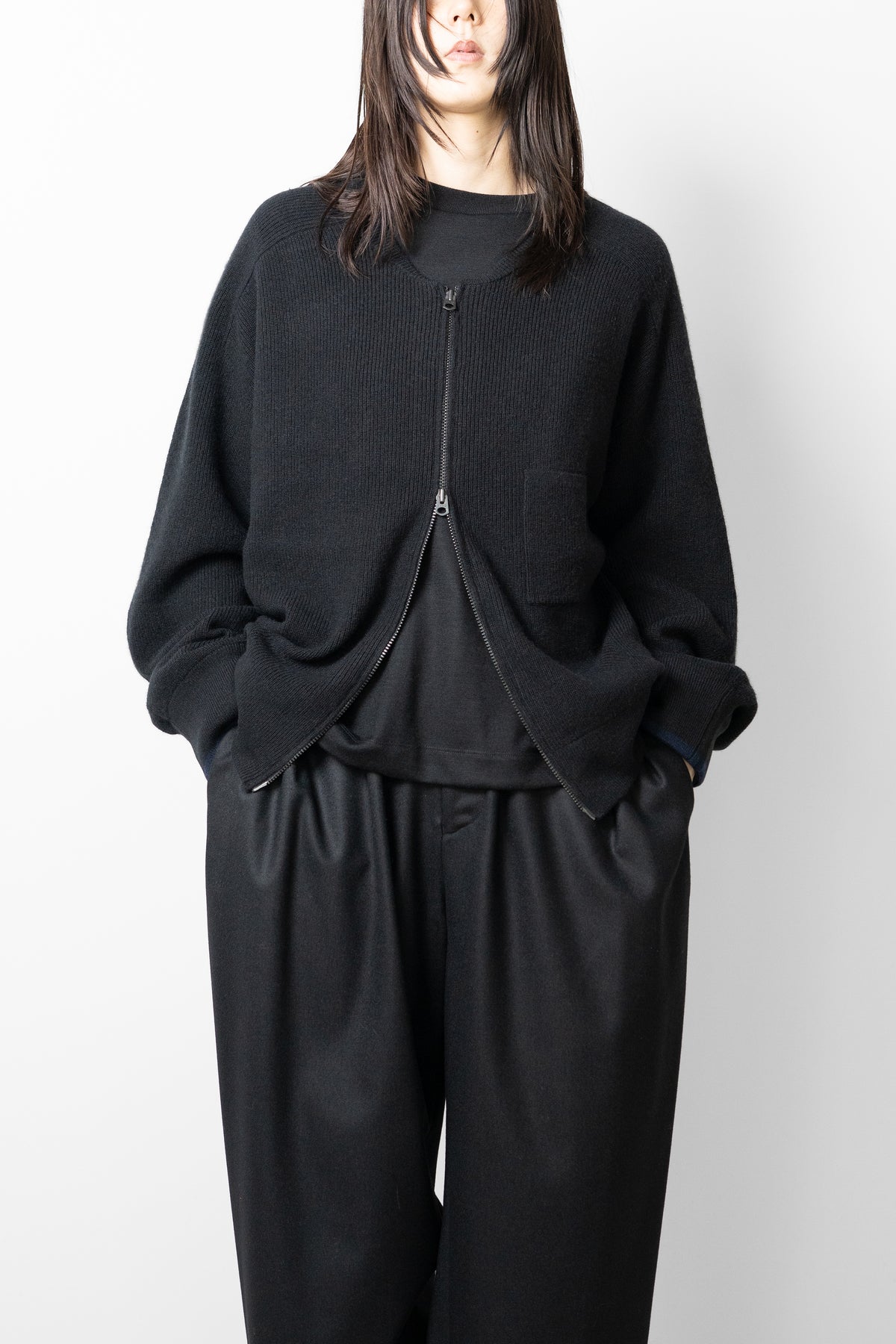 ANCELLM / FULL ZIPPED KNIT CARDIGAN "BLACK"