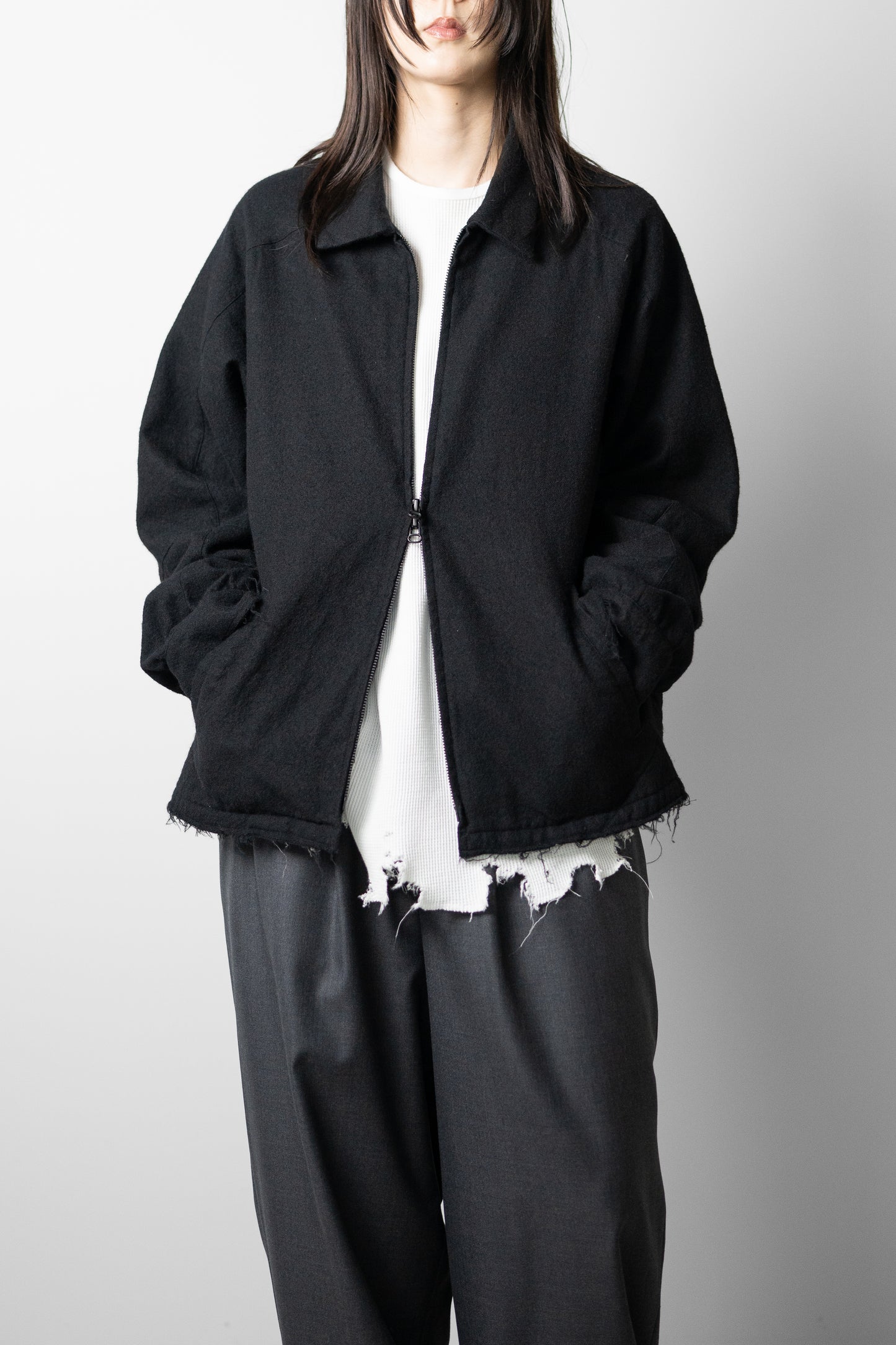 ANCELLM / SHRINK WOOL ZIP-UP SHIRT JACKET "BLACK"