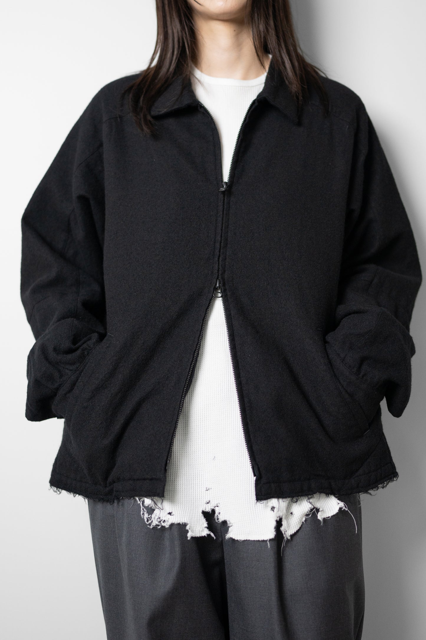 ANCELLM / SHRINK WOOL ZIP-UP SHIRT JACKET "BLACK"