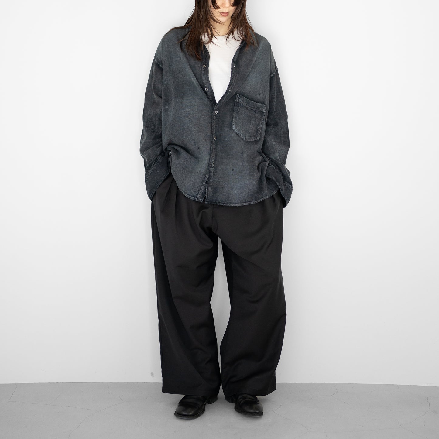 ANCELLM / BELTED WOOL SLACKS "BLACK"